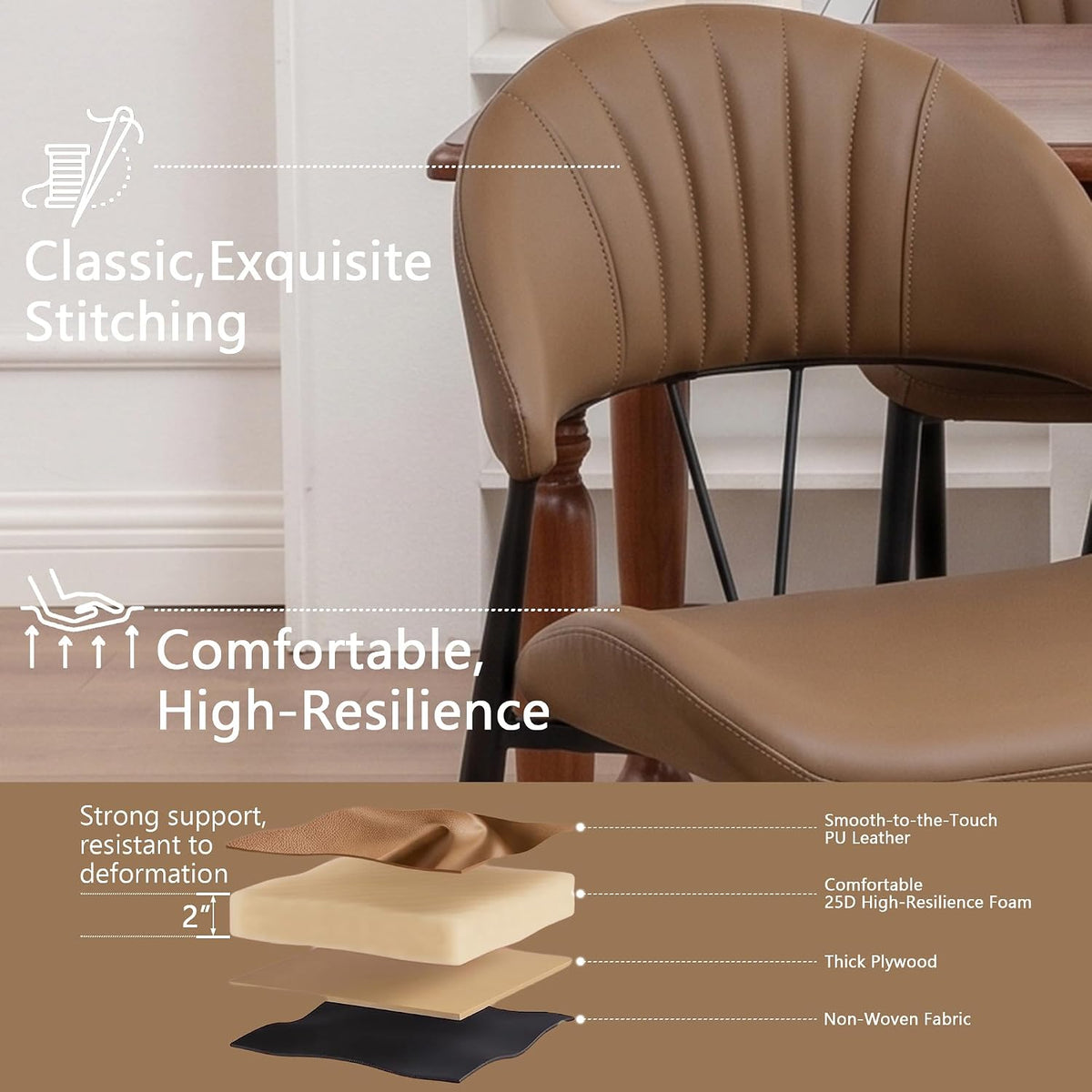 PU Leather Dining Chairs Set of 4, Mid Century Modern Dining Chairs with Stitching, Upholstered Kitchen & Dining Room Chairs with Curved Back and Black Metal Legs (Brown)