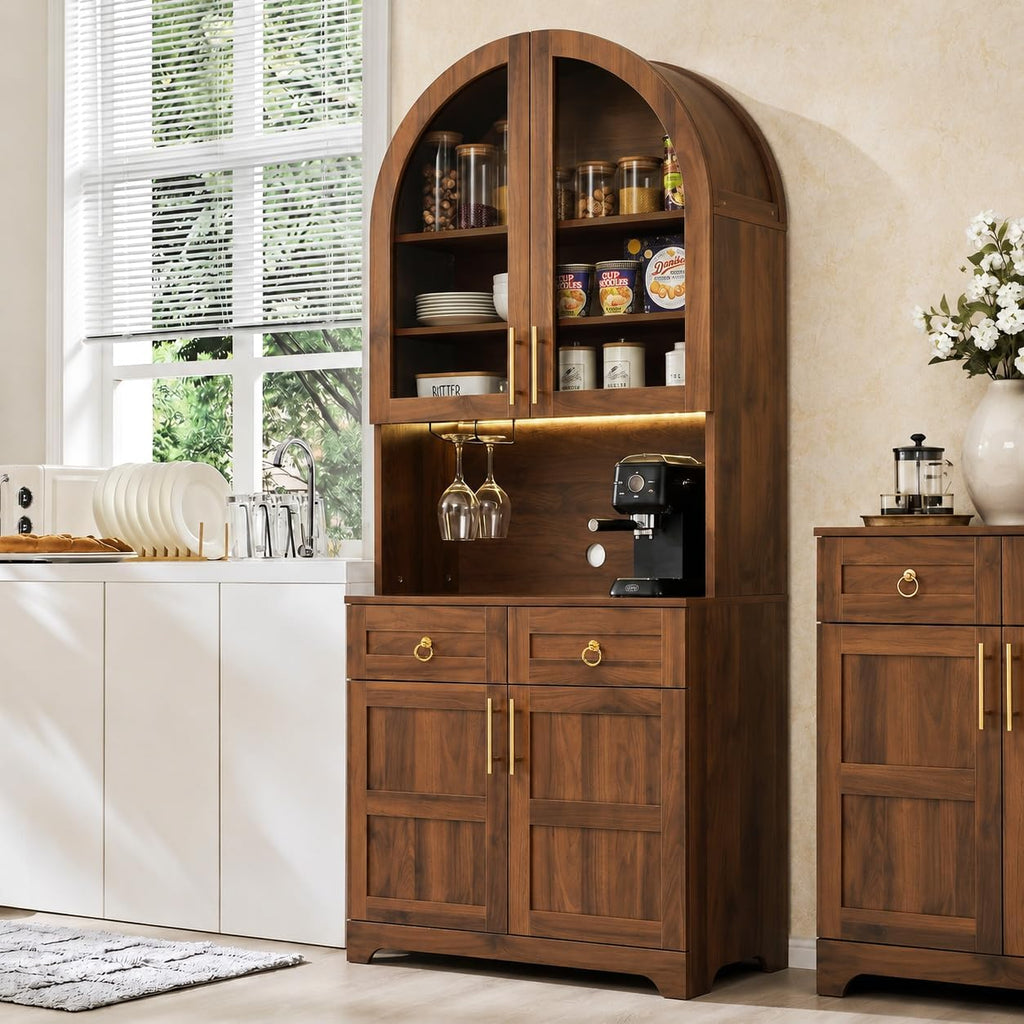 Merax 74.8'' Tall Arched Kitchen Pantry Cabinet, Mid-Century Modern Kitchen Hutch with Power Outlet & LED Light, Adjustable Shelves & Glass Holders, Versatile Cupboard for Kitchens, Living Room