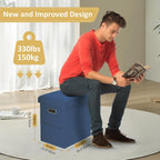 Tall Ottoman with Storage Collapsible Fabric Small Slim Folding Ottoman Furniture with Handles Lid for Room Footrest Foot Stool Linen Navy Blue 16.5x16.5x11.8in