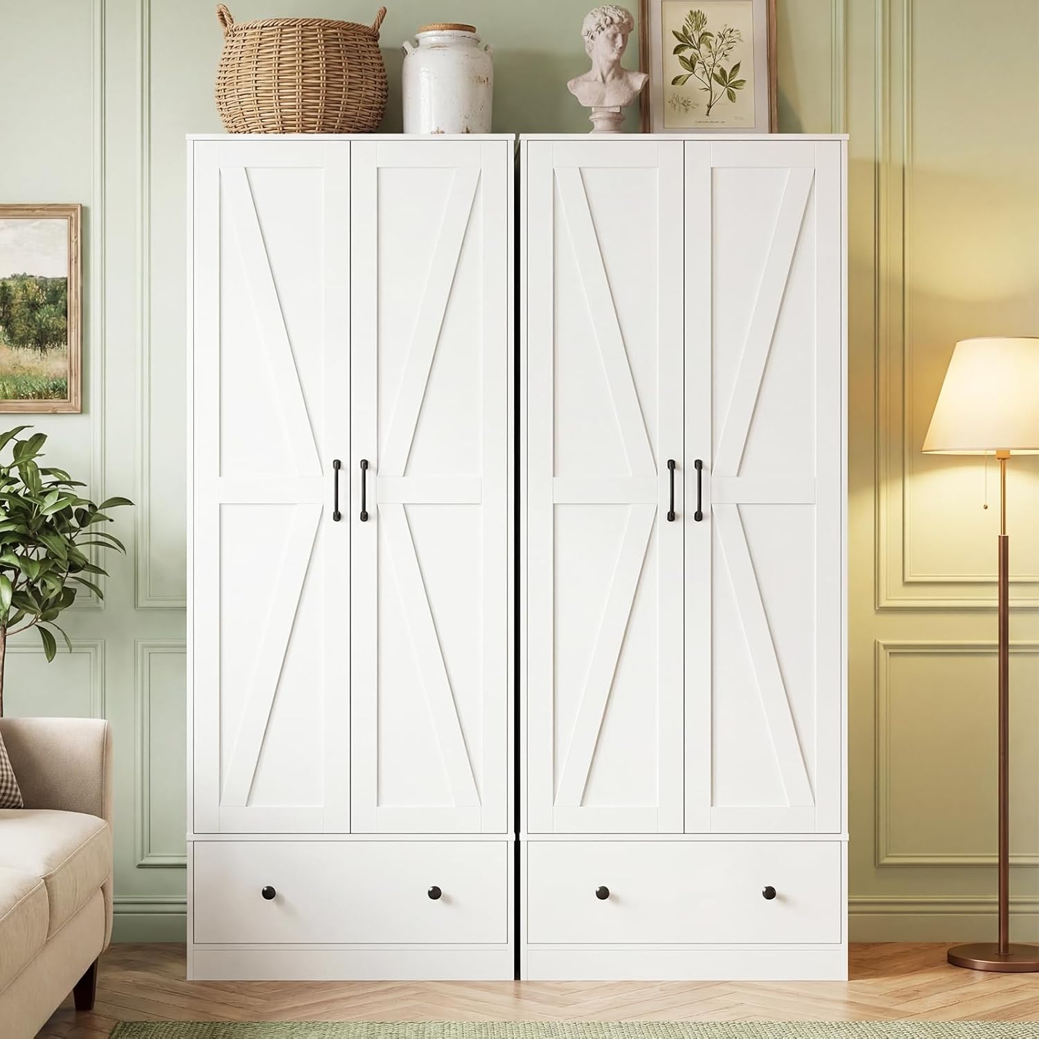 Giantex 72" Tall Kitchen Pantry Cabinet, Farmhouse Wooden Cupboard w/ 2 Doors, Drawer & Adjustable Shelves, Freestanding Versatile Storage Cabinet for Dining Room Living Room Bathroom (White)