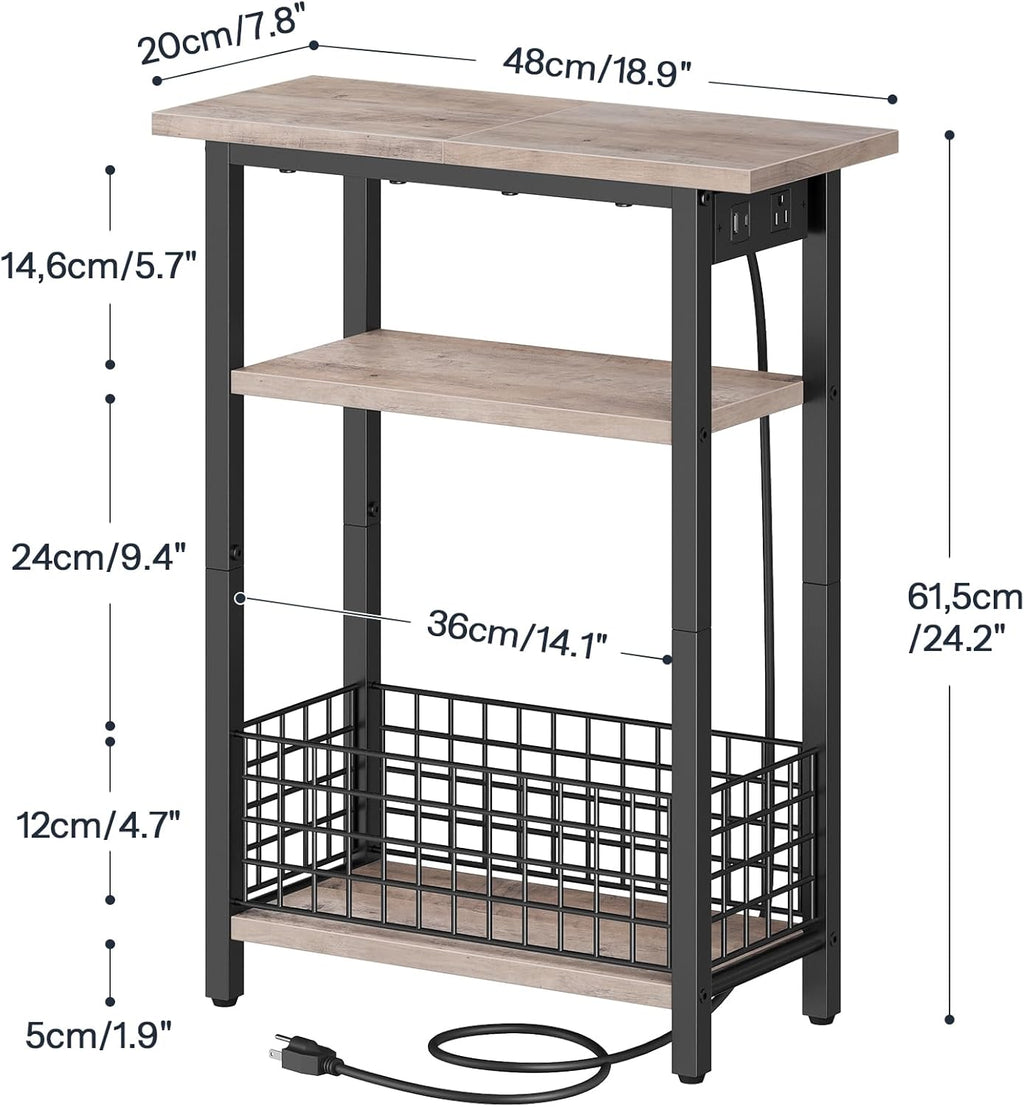 HOOBRO Narrow Side Table with Charging Station and LED Light, Small End Table with Storage, Skinny Nightstand with USB Port, Slim Bedside Table for Small Spaces, Living Room, Greige BG242UDBZ01