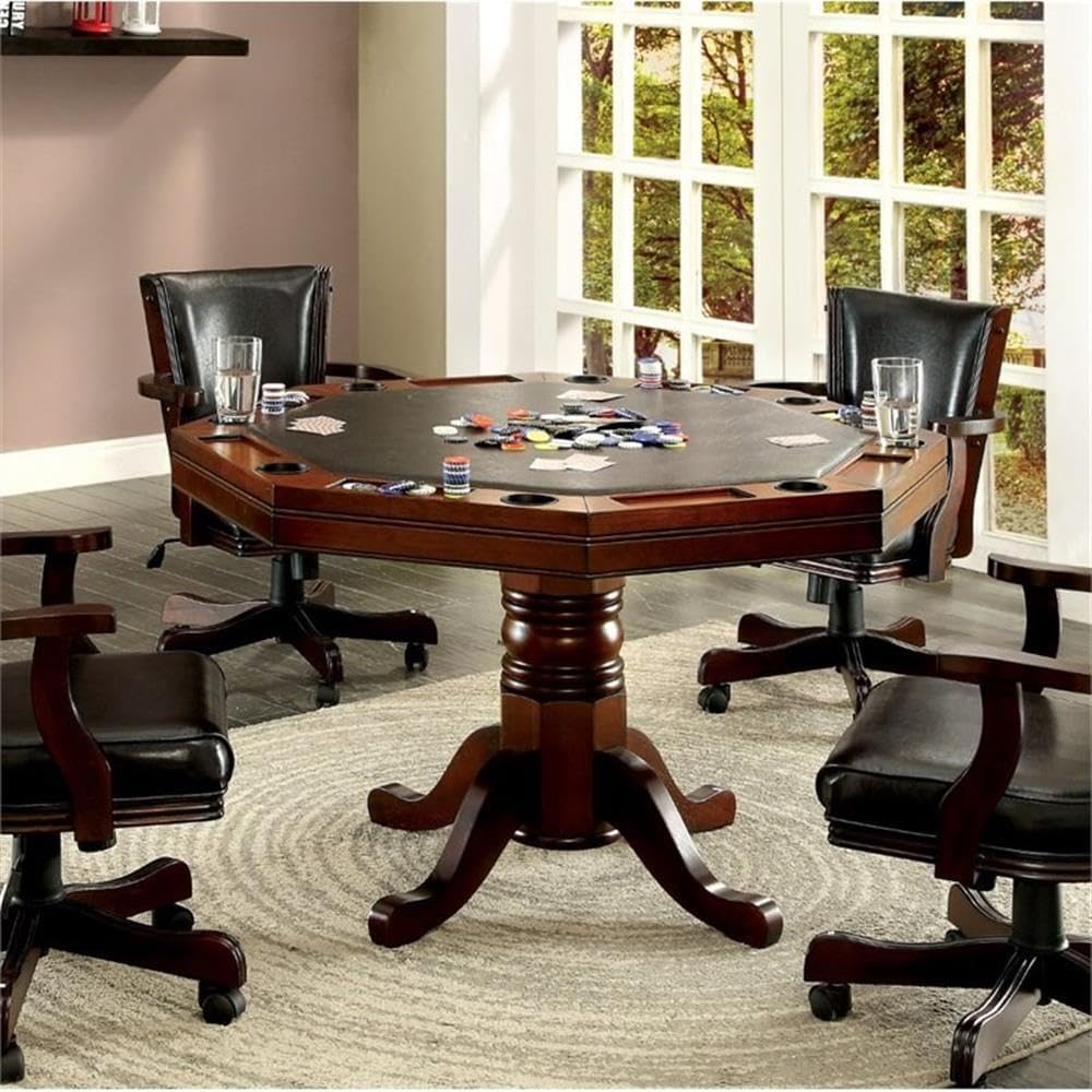 Furniture of America Deaton 48" x 48" Traditional 8-Sided Octagon-Shaped Wood Gaming Table with Inter-Changeable Top, Cupholder, Pedestal Legs, Assembly Required, in Cherry Finish