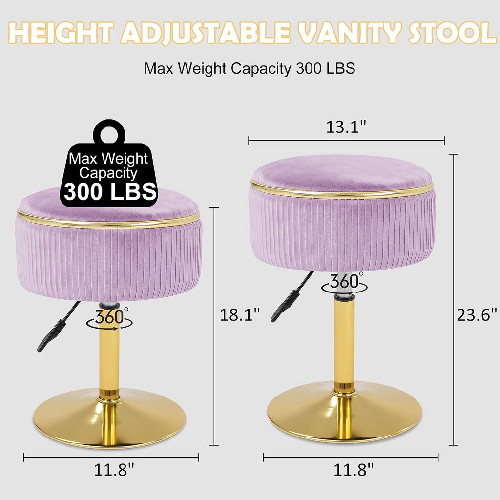 Adjustable Vanity Stool, Velvet Makeup Stool with Storage Purple | Small Vanity Chair, 360° Swivel Round Ottoman with Gold Base for Living Room, Bedroom