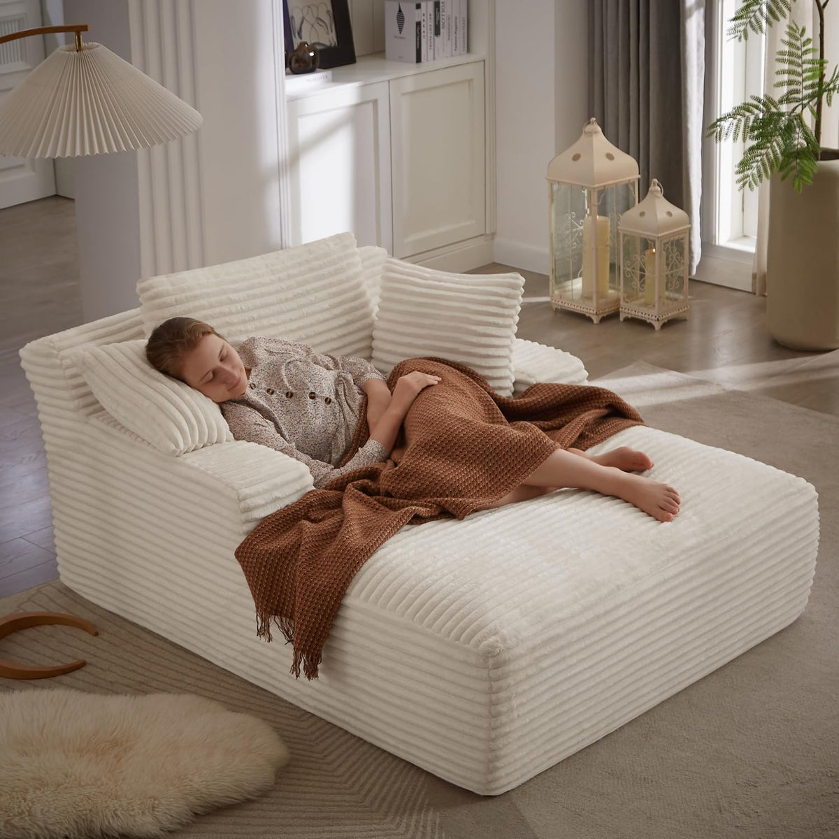 ivoros 50 Inch Chaise Lounge Chair Indoor, Oversized Corduroy Upholstered Sofa Bed, Deep Seat Sleeper Couch Reading Chairs, Cloud Sofas Couches for Living Room, No Assembly Required (Beige)