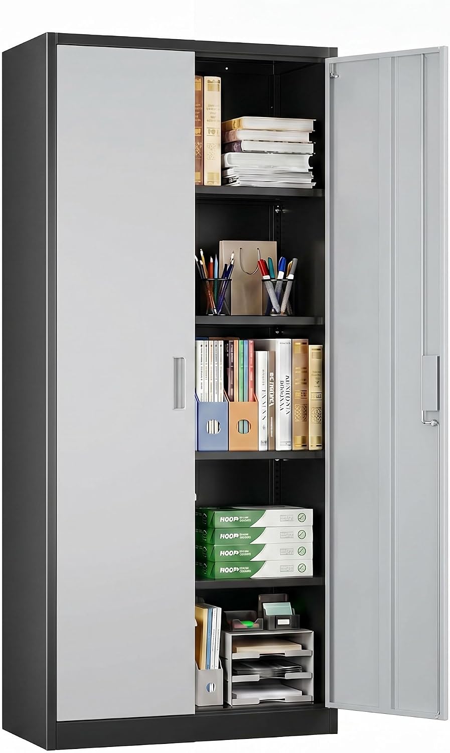 71-Inch Lockable Metal Storage Cabinet, Black and Gray | 15.75"D x 31.50"W x 70.87"H; 4 adjustable shelves; 120 lb per shelf; lock with 2 keys; assembly required.