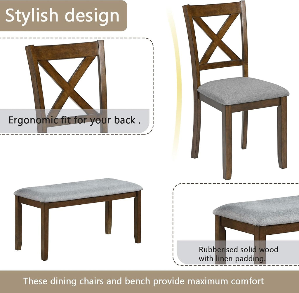Harper & Bright Designs 6-Piece Dining Table Set with 4 Chairs and Bench, Modern Wood Kitchen Table Set for Dining Room, Breakfast Nook or Small Spaces, Walnut