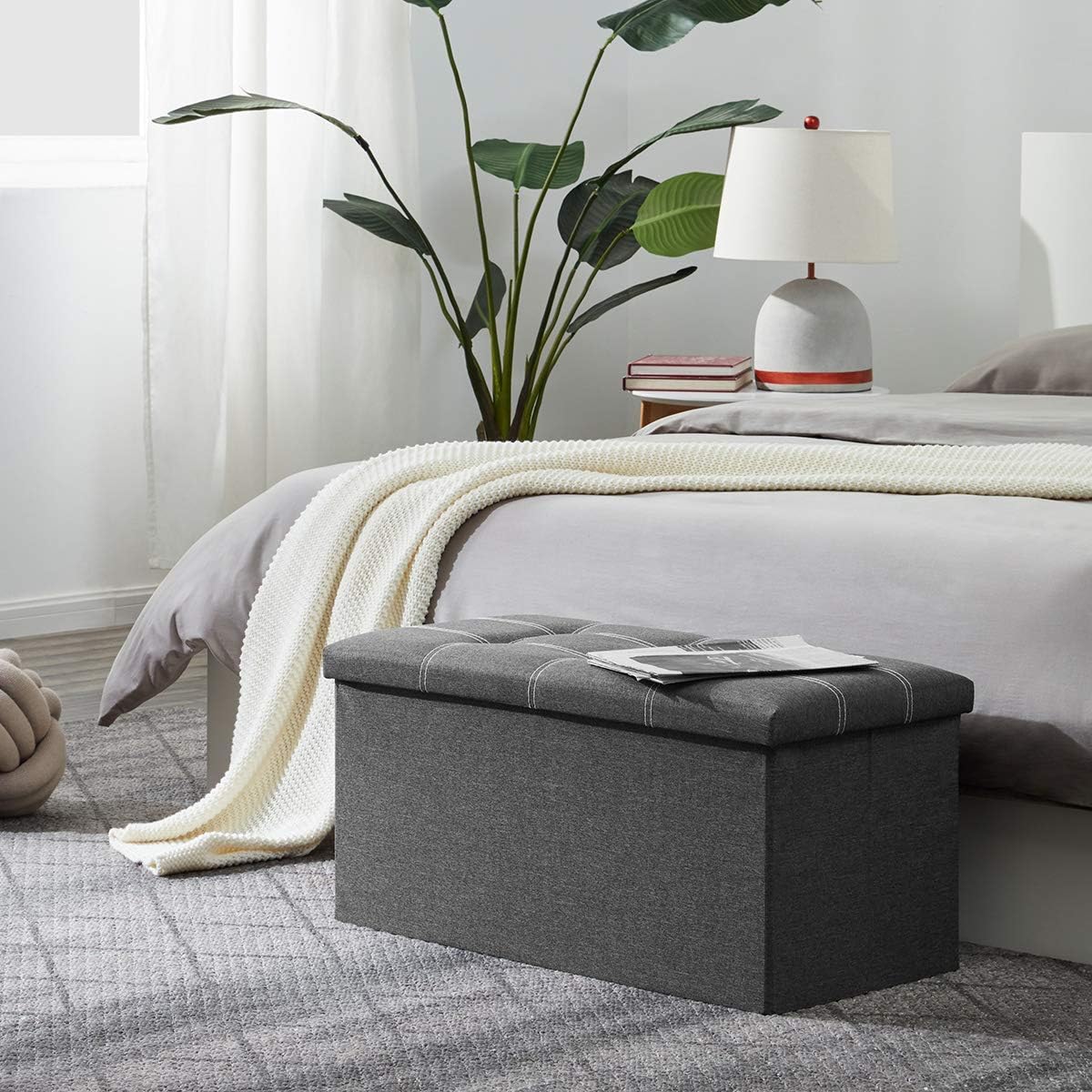 YOUDENOVA Ottoman with Storage, 30" Storage Ottoman Bench, Linen Gray | Hide blankets, pillows and clutter inside, while the padded linen seat adds comfort to your bedroom or living room.