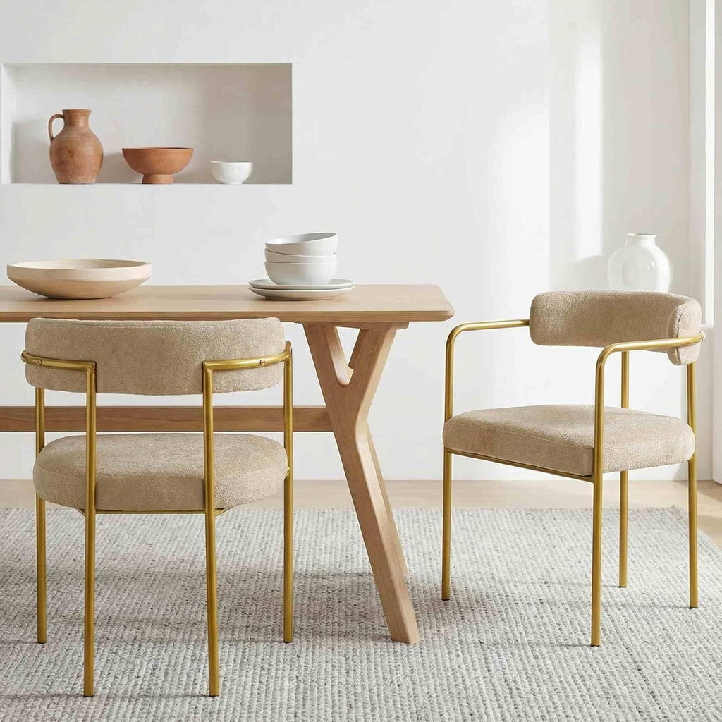 Boucle Dining Chairs Set of 4 with Arms, Mid Century Modern Upholstered Dining Chairs for Kitchen & Dining Room, Curved Backrest, Gold Metal Frame (Taupe/Sand)