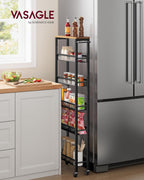 VASAGLE Slim Storage Cart, 6-Tier Rolling Utility Cart, Skinny Shelf for Kitchen Pantry, Narrow Bathroom Organizer, 17.9 x 5.9 x 51.7 inch, Rustic Brown and Matte Black, Dacey Collection ULRC038K101