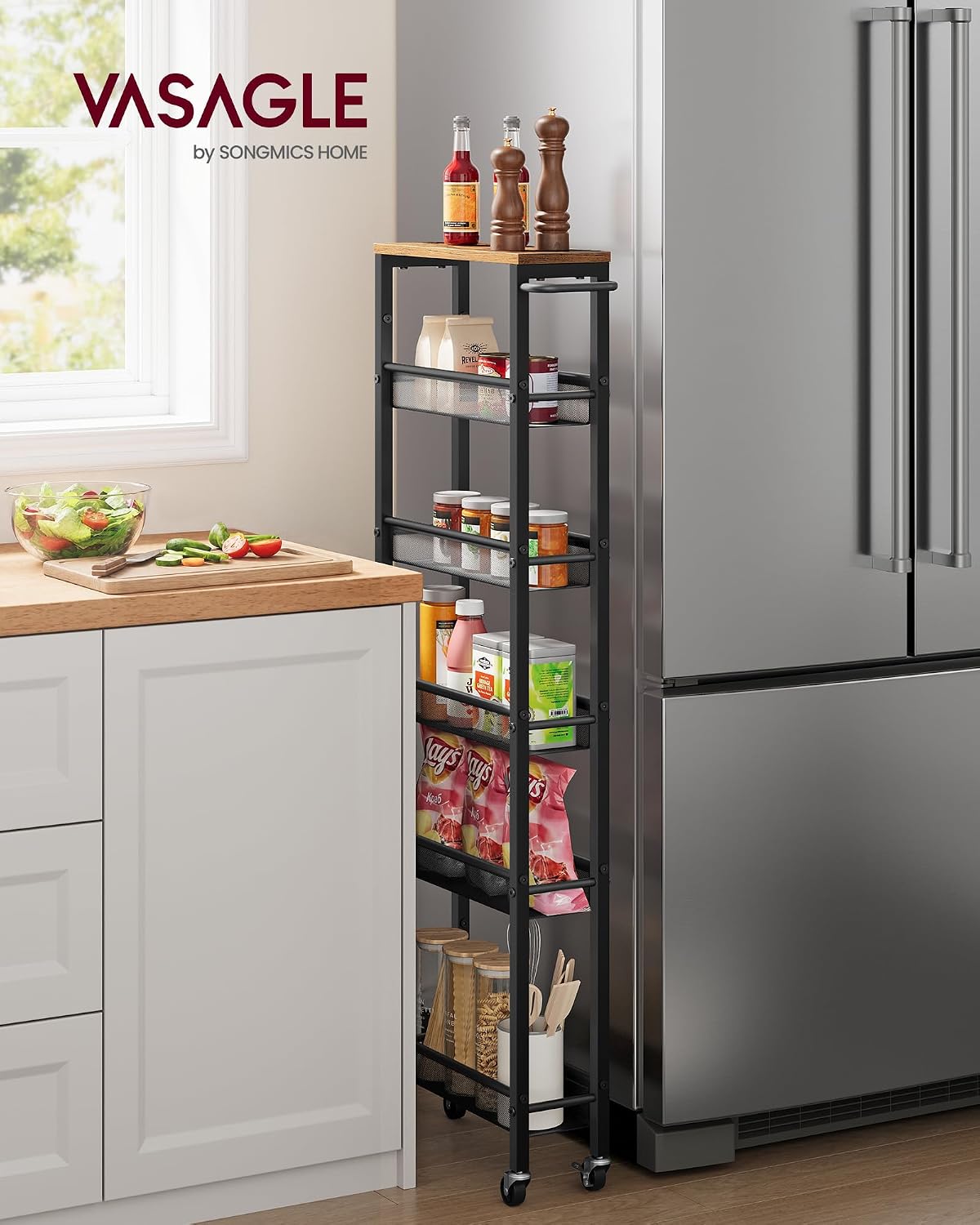VASAGLE Slim Storage Cart, 6-Tier Rolling Utility Cart, Skinny Shelf for Kitchen Pantry, Narrow Bathroom Organizer, 17.9 x 5.9 x 51.7 inch, Rustic Brown and Matte Black, Dacey Collection ULRC038K101