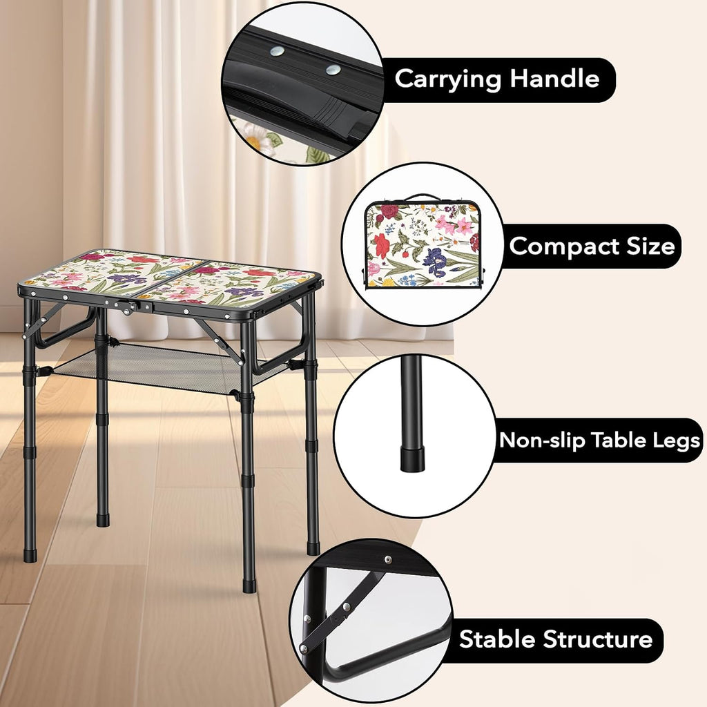 YihuiKo Small Camping Table, Vintage French Flowers Pattern Folding Table | Adjustable Height, Lightweight Portable Folding Table for Patio Living Room Travel Picnic, Carry Handle, Storage Net