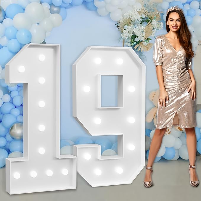 Marquee Numbers Large 19th-Birthday Decorations: 4ft Light Up Number Party Decor 91 Year Old Women And Men Birthday Decoration Backdrop 91 Anniversary Cardboard Big Mosaic Balloon Frame Number 19