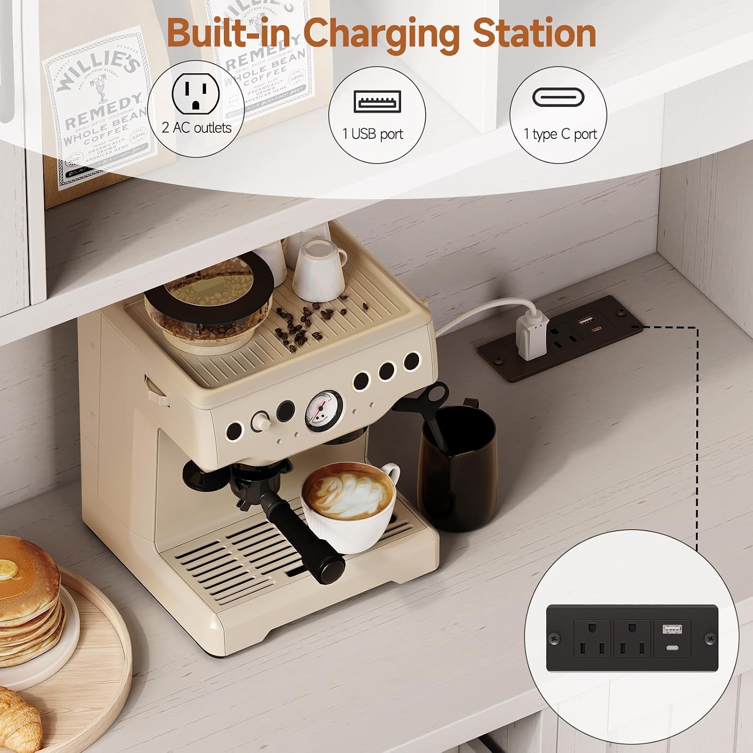 ONBRILL 71" Kitchen Pantry Storage Cabinet with LED Light/Outlet, Off-White | Pantry Cabinet, Kitchen Hutch with Microwave Shelf & 6 Hooks, Door Shelves & Drawer & Adjustable Shelves, for Dining Room