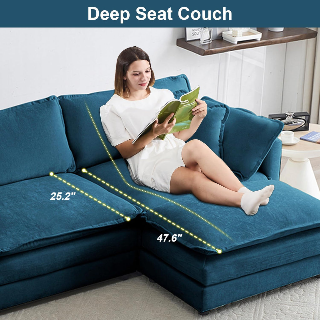 Modular Sectional Sofa with Ottoman, 76.7" Modern L Shaped Sectionals Cloud Couch, Comfy Couch Loveseat, 3 Seat Chenille Deep Seat Sofa with Pillow for Living Room, Bedroom Apartment,Small Spaces-Blue