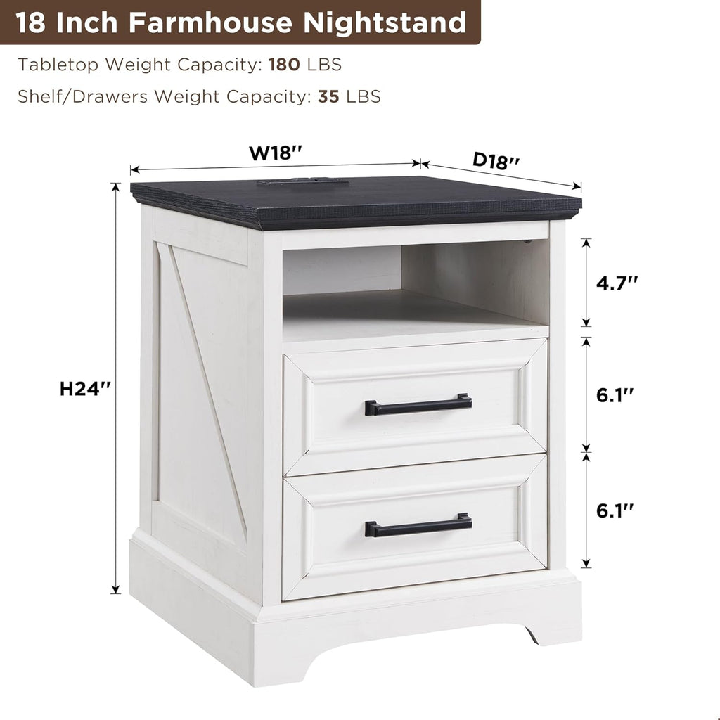 ACCOHOHO 18" Farmhouse Nightstand Set of 2 with Charging Station,End Table with 2 Drawers Storage,Side Table,Bedside Cabinet for Bedroom,Living Room, Antique White