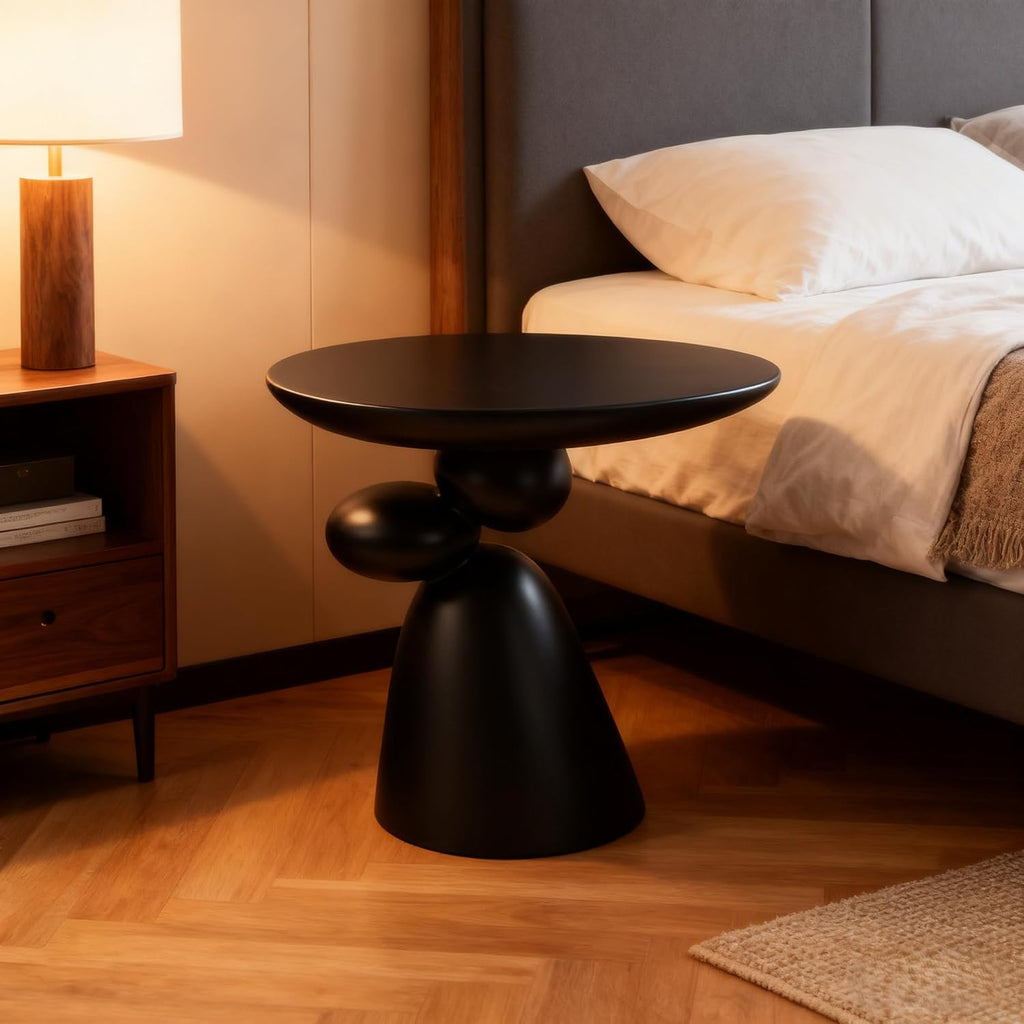 20" Lucky Stone-Shaped Oval End Table, Modern Minimalist Glass Fiber Side Table, Sculptural Base Living Room Accent Table, Suitable for Apartments, Black