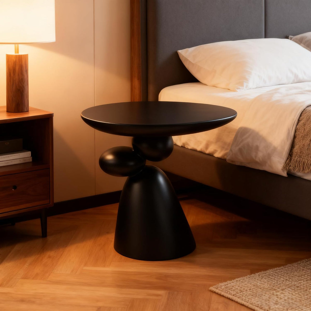 20" Lucky Stone-Shaped Oval End Table, Modern Minimalist Glass Fiber Side Table, Sculptural Base Living Room Accent Table, Suitable for Apartments, Black