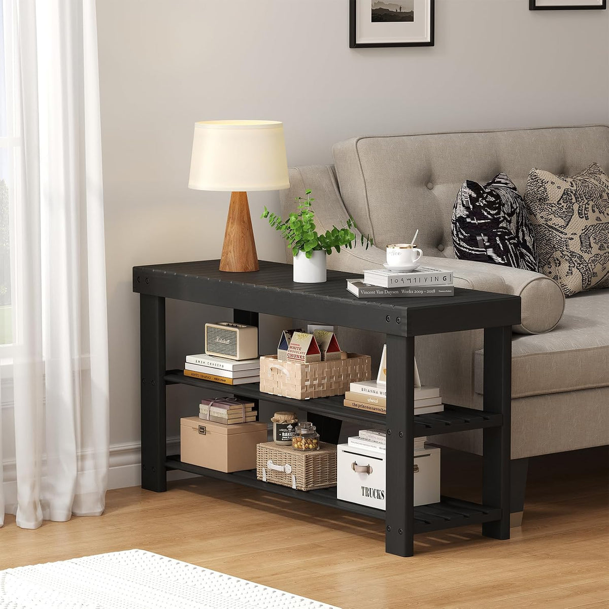 DUMOS Wooden Shoe Rack Bench with Storage, 3-Tier Bamboo Entryway Benches, Shoe Rack Holds Up to 286 lb Storage Organizer, 11.3 x 35.43 x 17.8 Inches, Suitable for Bedroom Living Room Balcony, Black