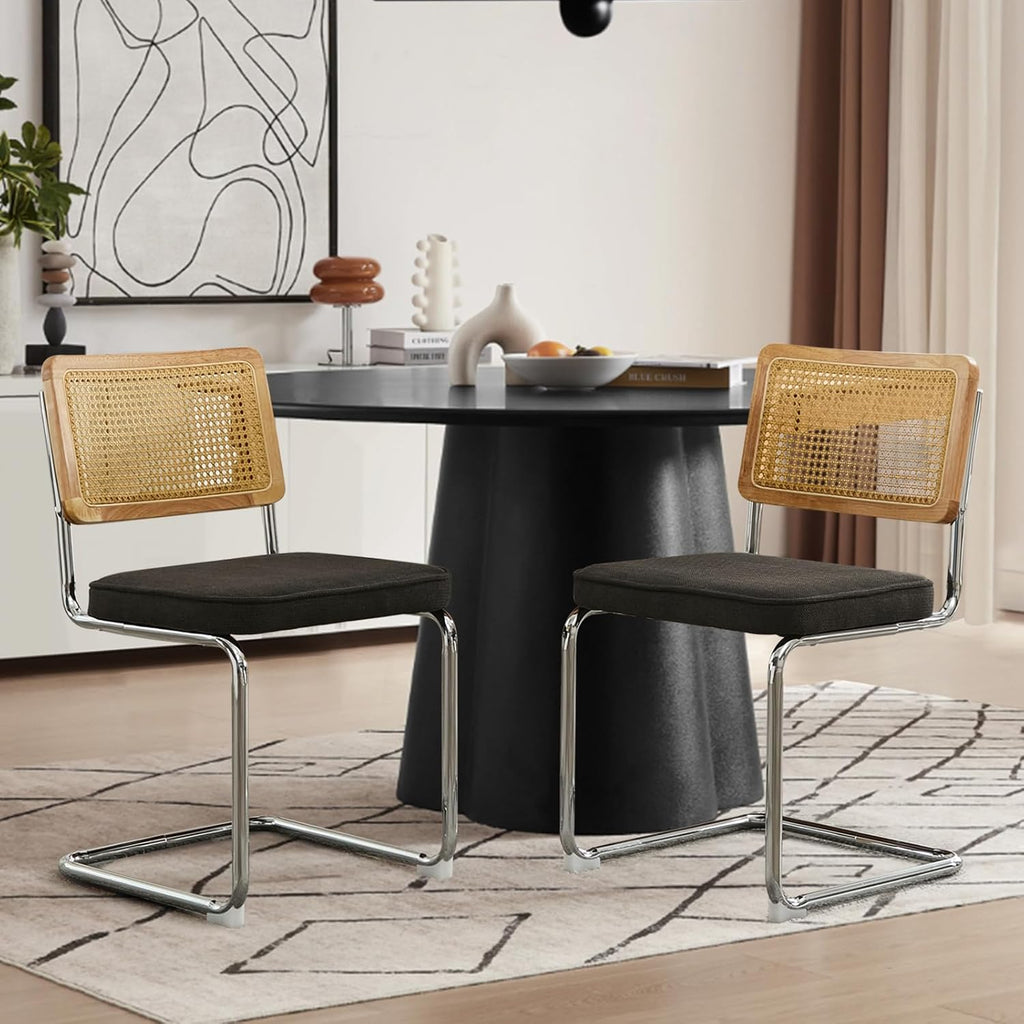 Rattan Dining Chairs Set of 4,Upholstered Mid-Century Modern Dining Room Chairs with Cane Backrest,Retro Linen Kitchen Chairs with Stainless Chrome Base,Black