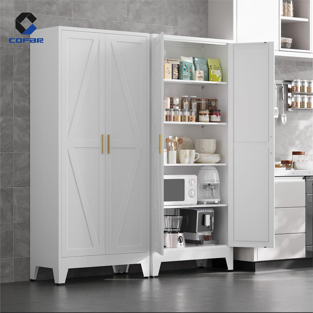 COFaR Metal Pantry Cabinet with Doors, Farmhouse 71'' Tall Storage Cabinet with 4 Adjustable Shelves, Kitchen Pantry Cabinet for Dinning Room, Laundry, Bathroom, Garage, White 5-Tier