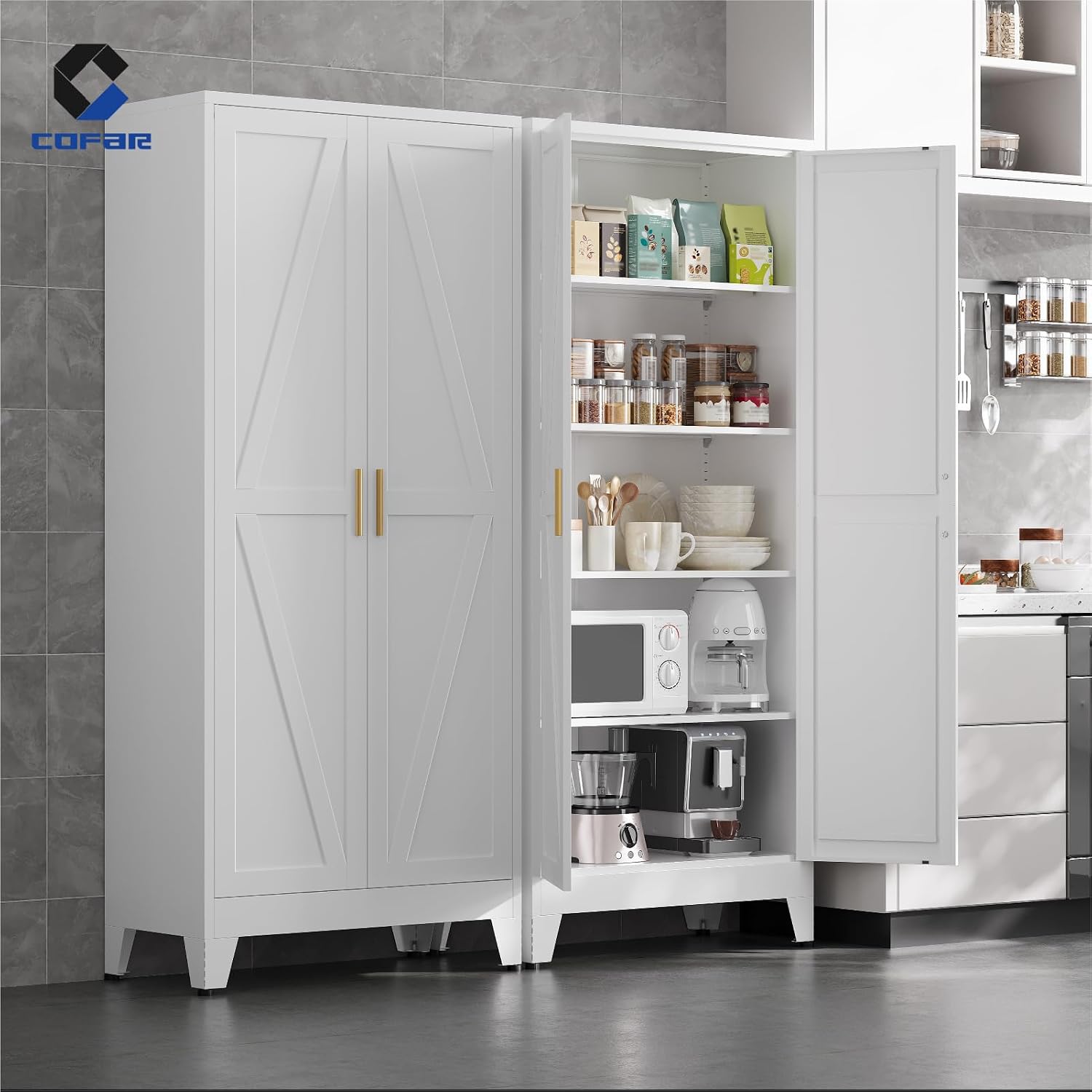 COFaR Metal Pantry Cabinet with Doors, Farmhouse 71'' Tall Storage Cabinet with 4 Adjustable Shelves, Kitchen Pantry Cabinet for Dinning Room, Laundry, Bathroom, Garage, White 5-Tier
