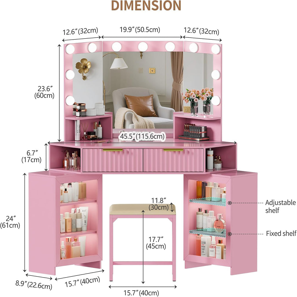 Corner Vanity Desk with LED Mirror, Power Outlet and 3 Light Modes - Pink | SKKTKT Makeup Vanity Set - Storage Drawers, Matching Chair and Corner Design for Bedroom