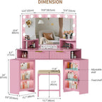 Corner Vanity Desk with LED Mirror, Power Outlet and 3 Light Modes - Pink | SKKTKT Makeup Vanity Set - Storage Drawers, Matching Chair and Corner Design for Bedroom