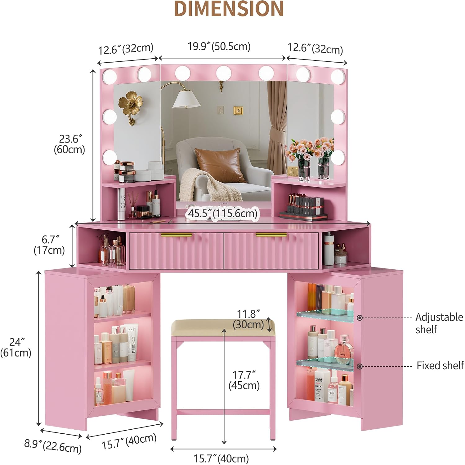 Corner Vanity Desk with LED Mirror, Power Outlet and 3 Light Modes - Pink | SKKTKT Makeup Vanity Set - Storage Drawers, Matching Chair and Corner Design for Bedroom