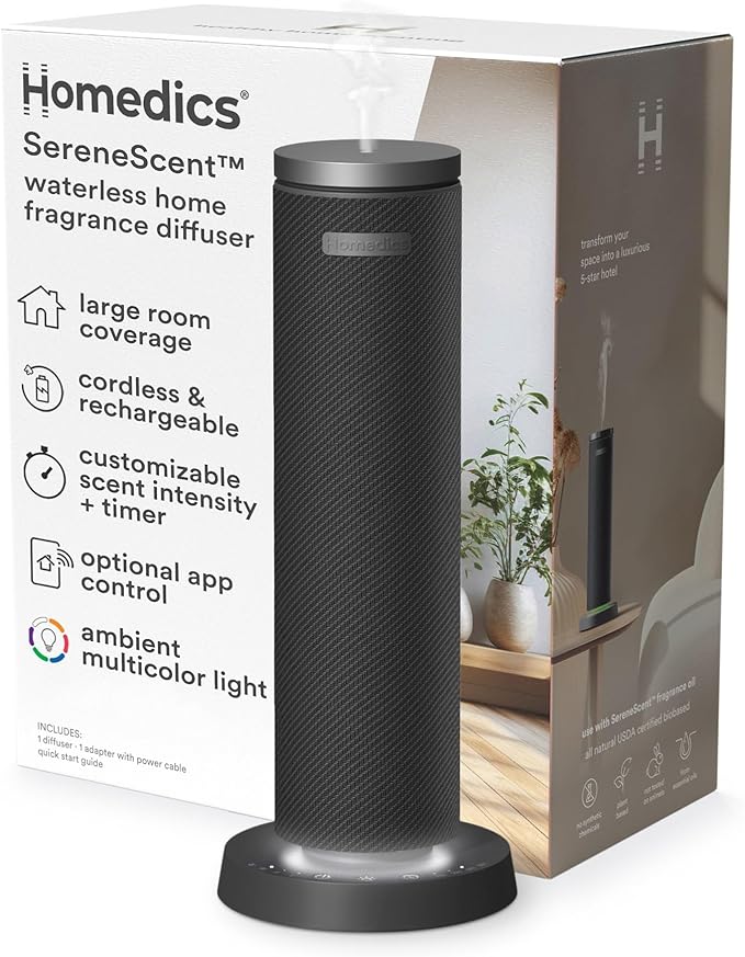Homedics SereneScent Fabric Rechargeable Waterless Diffuser, Use with Homedics SereneScent Oil 120ml (Sold Separately) Cordless Aromatherapy, Adjustable Mist & Timer, 6 Calming Lights, Black