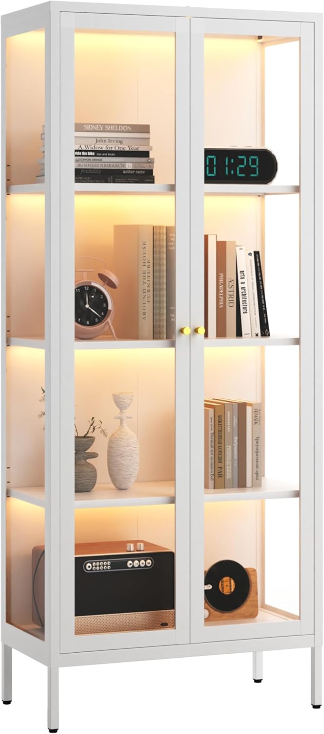 66" H Glass Display Cabinet 4-Tier,Lighted Display case,Curio Cabinet with Glass Doors and Adjustable Shelves, Display Shelf for Collectibles,Living Room
