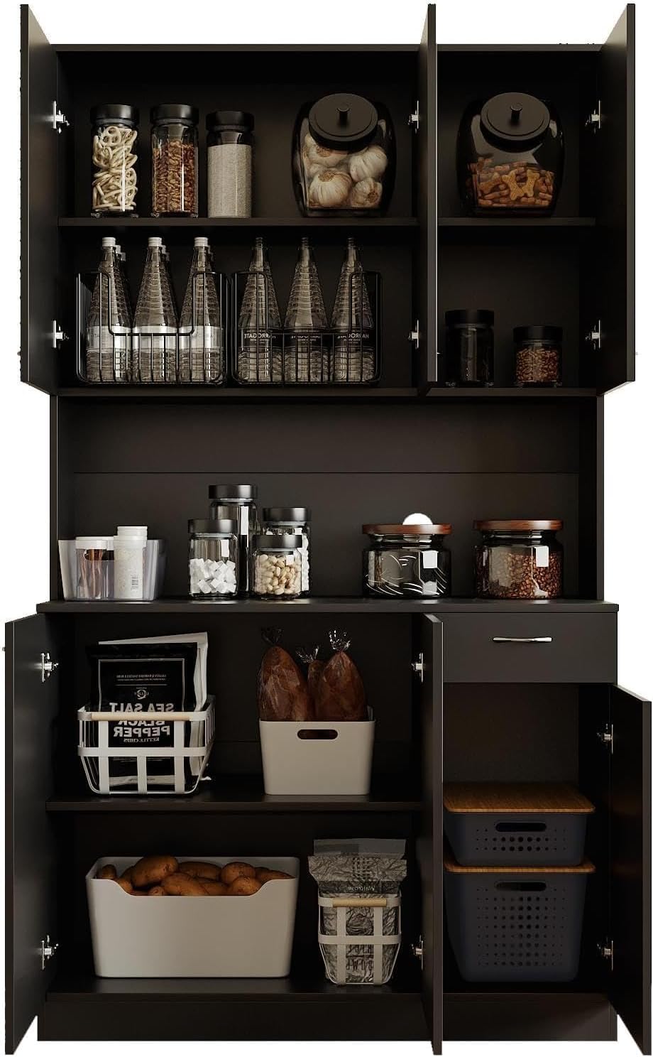 71" Black Kitchen Pantry Cabinets with Microwave Stand, 6 Doors & 3 Adjustable Shelves, Freestanding China Cabinet Hutch, Buffet Cabinet with Storage