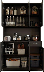 71" Black Kitchen Pantry Cabinets with Microwave Stand, 6 Doors & 3 Adjustable Shelves, Freestanding China Cabinet Hutch, Buffet Cabinet with Storage