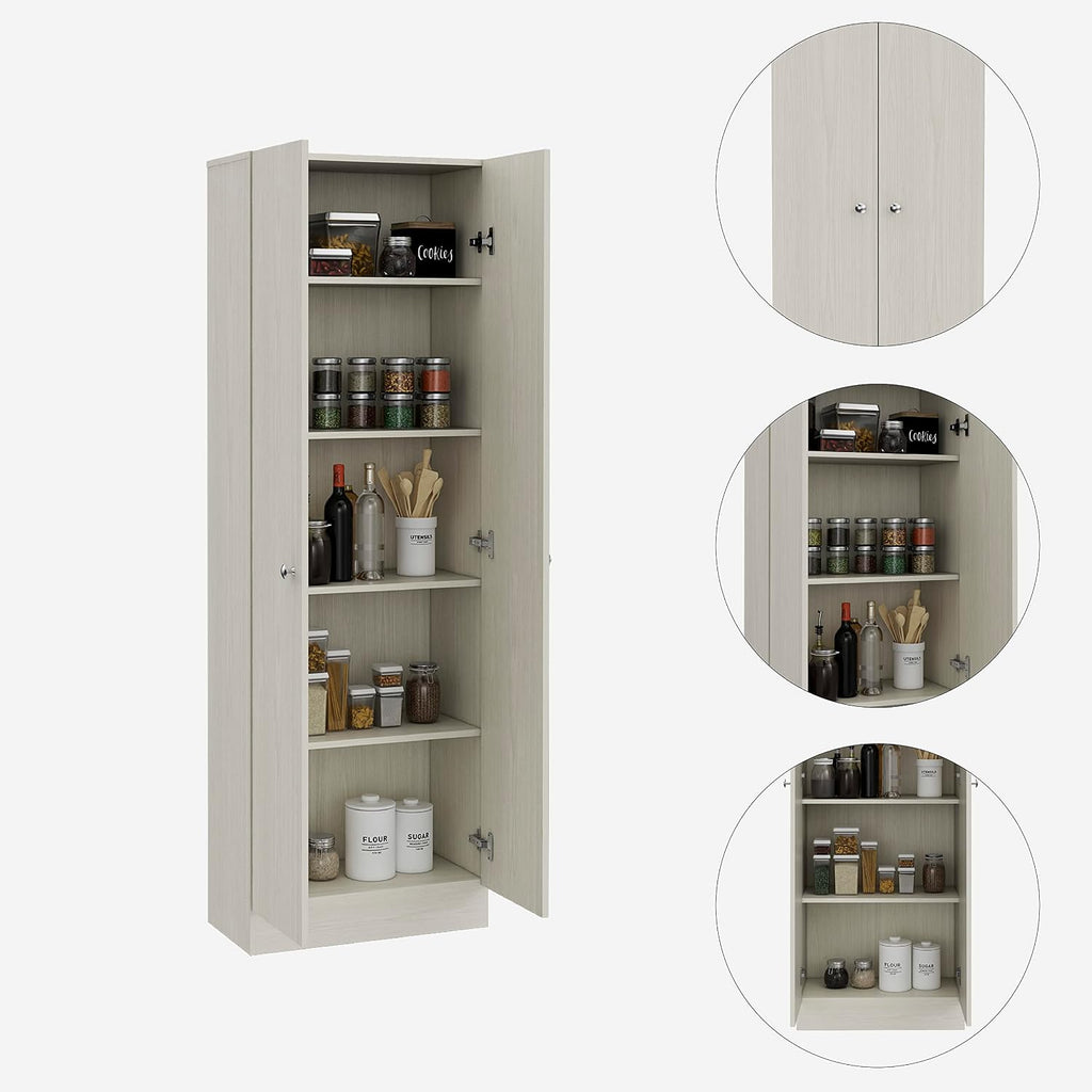 Multistorage Pantry Cabinet,Five Shelves,Double Door Cabinet for Kitchen,Laundry,Living Room,Bedroom-Pearl