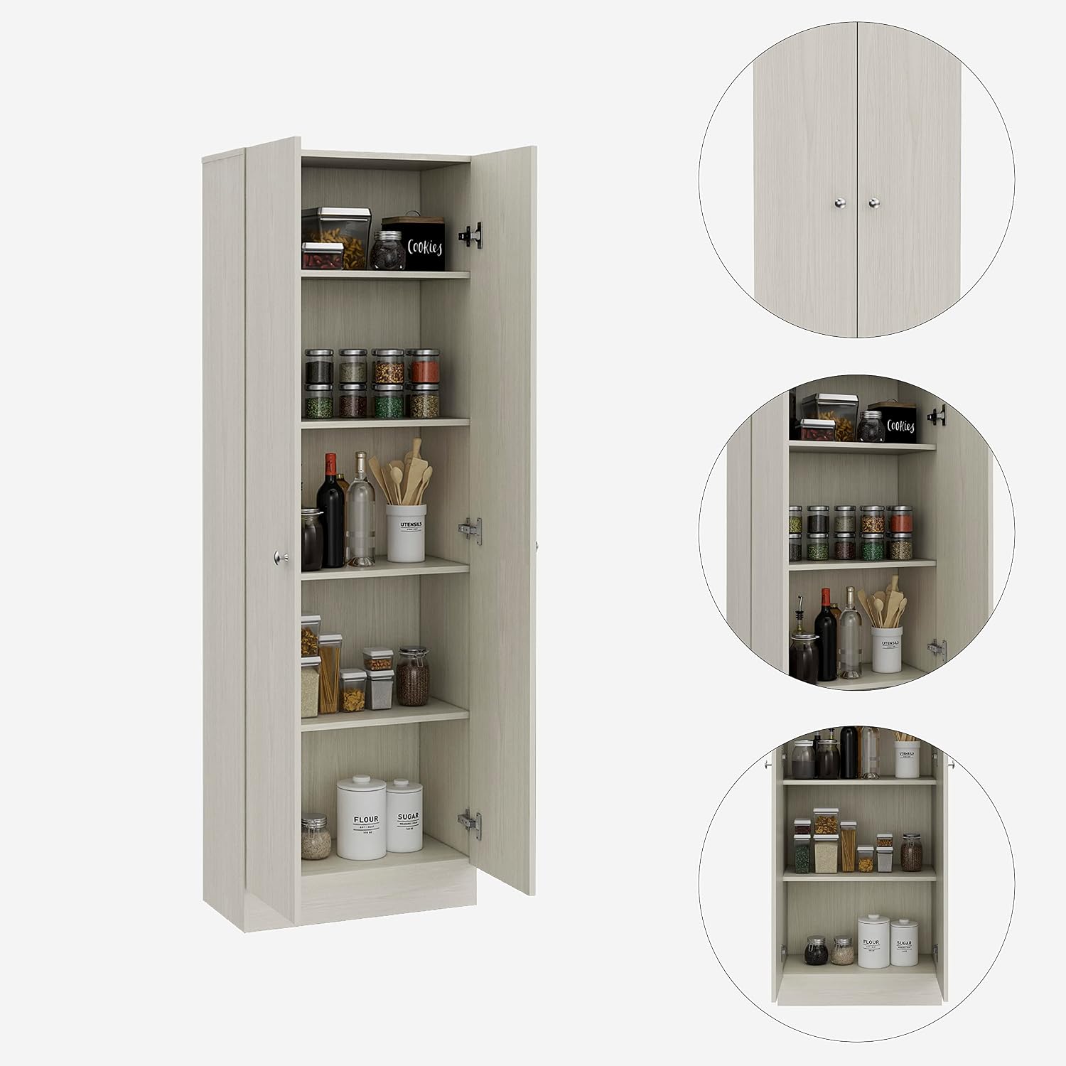 Multistorage Pantry Cabinet,Five Shelves,Double Door Cabinet for Kitchen,Laundry,Living Room,Bedroom-Pearl