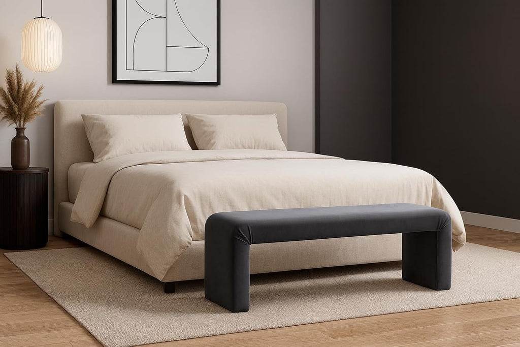 Meridian Furniture Minimalist Collection Modern | Contemporary Velvet Upholstered Bench, 53" W x 14.75" D x 18.25" H, Grey