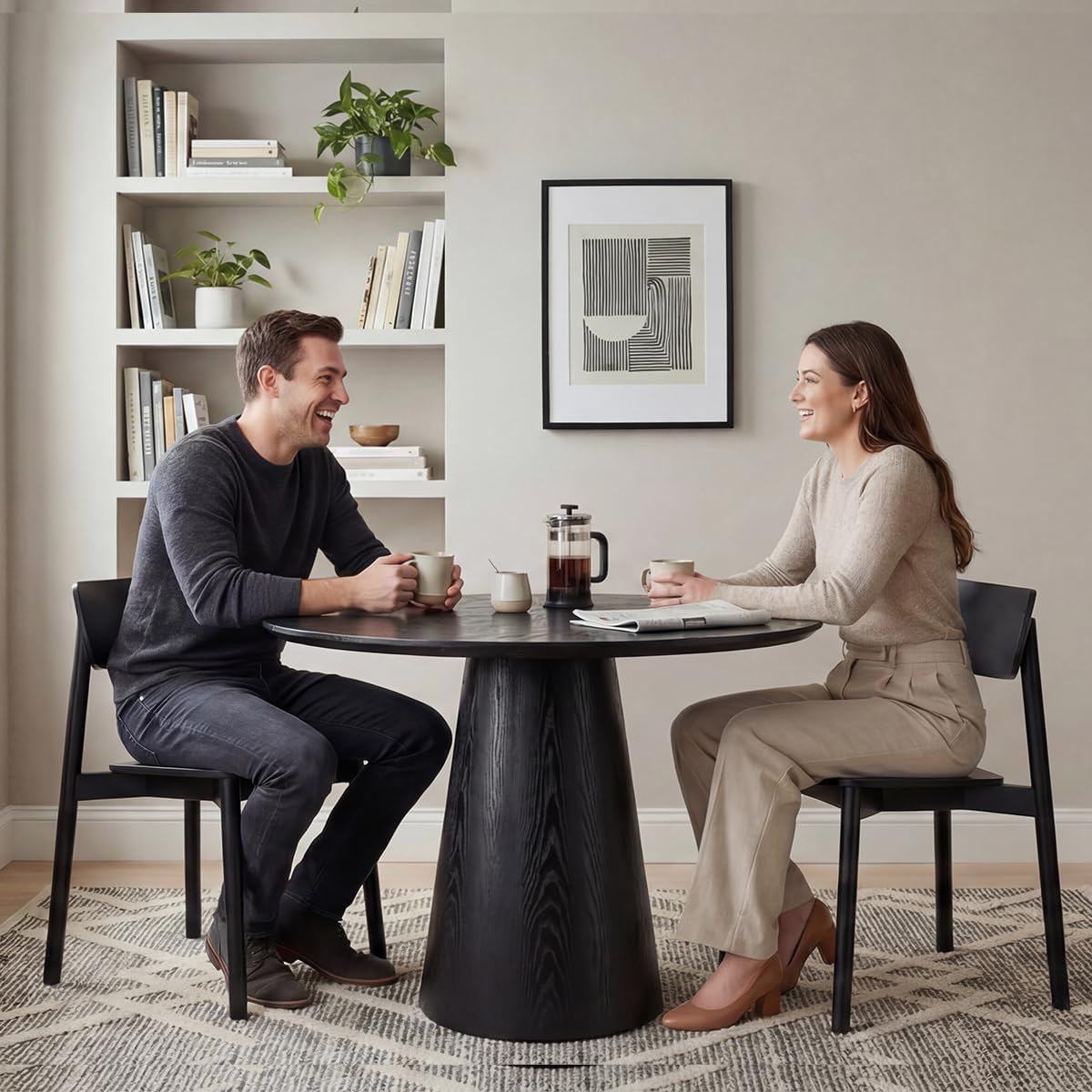 Black Round Dining Table for 4-6, Modern Wood Kitchen Table, 45" Circle Dining Table with Pedestal for Kitchen,Living Room,Apartment,Restaurant,Small Spaces