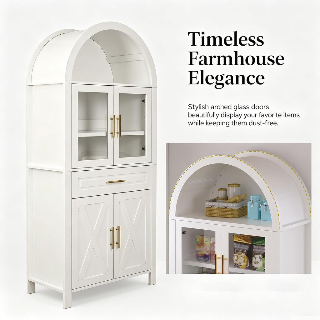 71" Tall Arched Kitchen Pantry Cabinet with Glass Doors - Farmhouse Storage Cabinet with Adjustable Shelves & Barn Door Design - Freestanding Cupboard for Kitchen, Dining & Living Room (White)