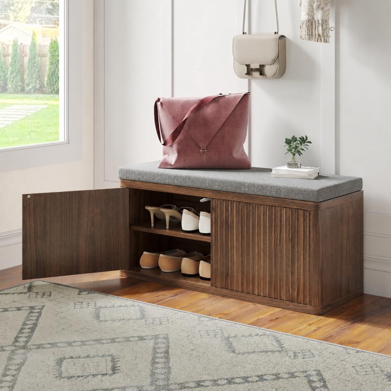 Shoe Cabinet Bench with Cushion,Double Layered Wooden Shoe Bench with Soft Cushion,Shoe Rack for Entryway,Bedroom,Living Room (Walnut Sturdy Entryway Bench)