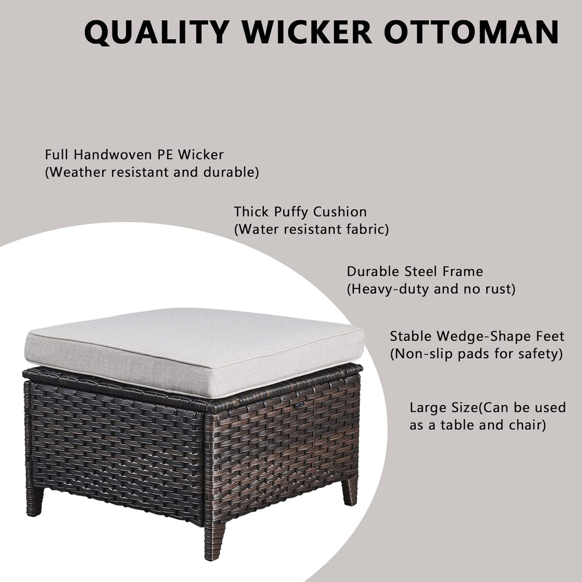 Rilyson Luxury Outdoor Wicker Patio Ottomans Set of 2, 250 lbs Capacity Rattan Large Ottomans for Patio Footrest Set 22.8in*22.8in*14in with 3.5in Thick Cushion (Brown/Beige)