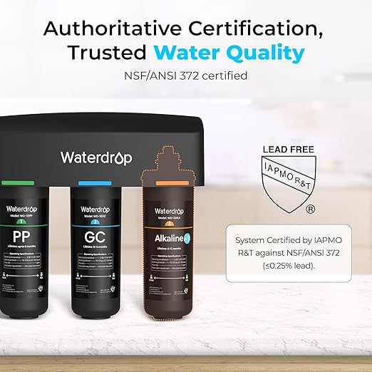 Waterdrop TSB-ALK 8 Layer Slightly Alkaline Under Sink Water Filter System, Reduces PFAS, PFOA/PFOS, Fluoride, Chlorine, Bad Taste & Odor, with Dedicated Faucet, Under Sink Water Filtration System