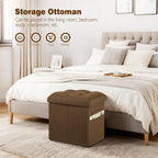Storage Ottoman Cube, 17" High Folding Linen Foot Rest for Bedroom, Brown | Small Ottoman with Storage for Dorm with Thicker Foam Padded Seat. Foot Stools Ottoman with Side Pocket & Handles, 17x13x13in