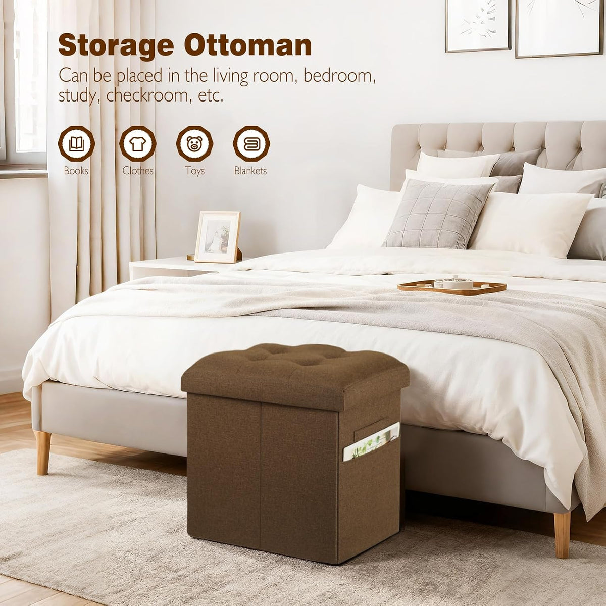 Storage Ottoman Cube, 17" High Folding Linen Foot Rest for Bedroom, Brown | Small Ottoman with Storage for Dorm with Thicker Foam Padded Seat. Foot Stools Ottoman with Side Pocket & Handles, 17x13x13in