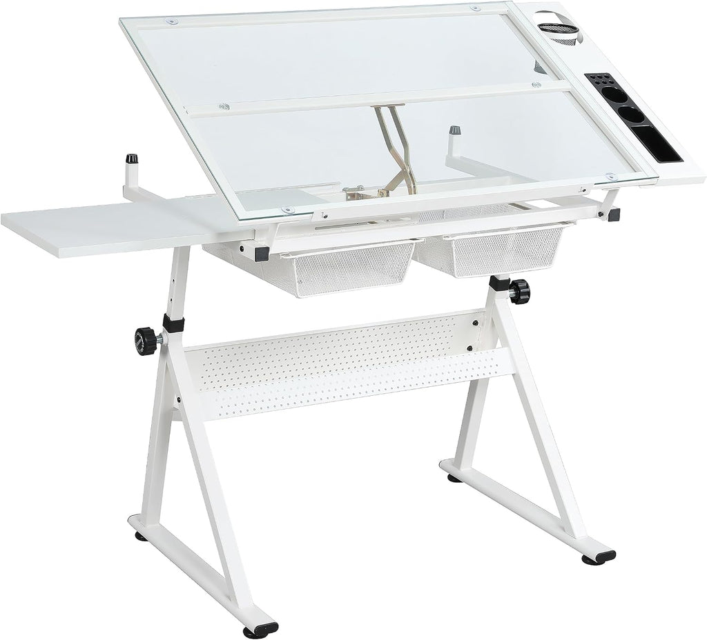 Height Adjustable Drafting Table Desk w/Stool, Tempered Glass Top | Art Craft Drawing Workstation 2 Storage Drawers , Ergonomic , for Painting, Crafting, Architecture Design, Home Studio