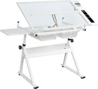 Height Adjustable Drafting Table Desk w/Stool, Tempered Glass Top | Art Craft Drawing Workstation 2 Storage Drawers , Ergonomic , for Painting, Crafting, Architecture Design, Home Studio
