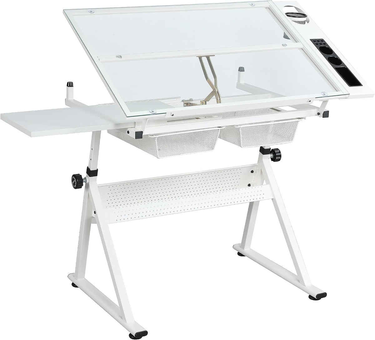 Height Adjustable Drafting Table Desk w/Stool, Tempered Glass Top | Art Craft Drawing Workstation 2 Storage Drawers , Ergonomic , for Painting, Crafting, Architecture Design, Home Studio