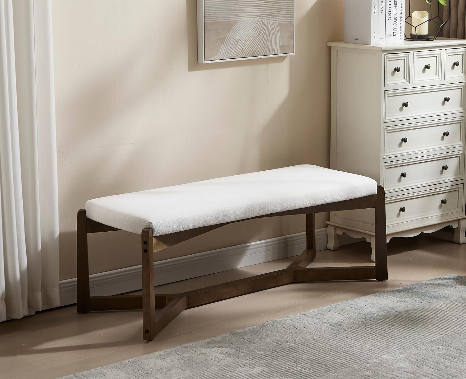 CIMOTA 49 Inch Modern Entryway Bench, Upholstered Bedroom Bench with Solid Wood Frame, Y-Shaped Foot, Comfy Ottoman for Bedroom End of Bed/Hallway/Living Room/Indoor, Linen Beige
