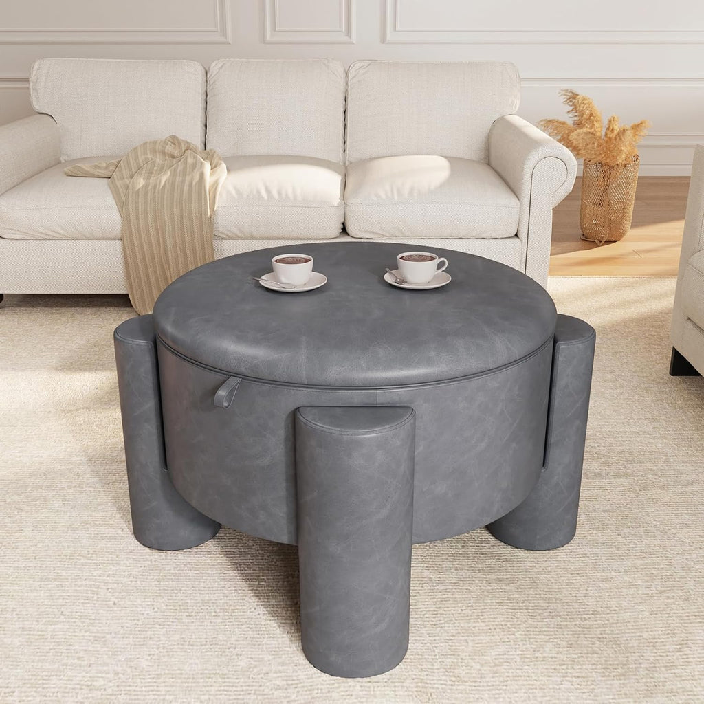 FiveWillowise 24 Inch Round Small Ottoman with Storage,Faux Leather | 24" Coffee Table,Storage Ottomans with Removable Top,Upholstered Vanity Stool for Small Spaces,Living Room,Apartment,Grey