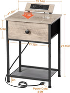 AMHANCIBLE Night Stand, End Tables Living Room Set of 2, Small Nightstand with Charging Station, Slim Bed Side Table with Fabric Storage Drawer for Bedroom, Small Space, Greige, HET03SDPGY
