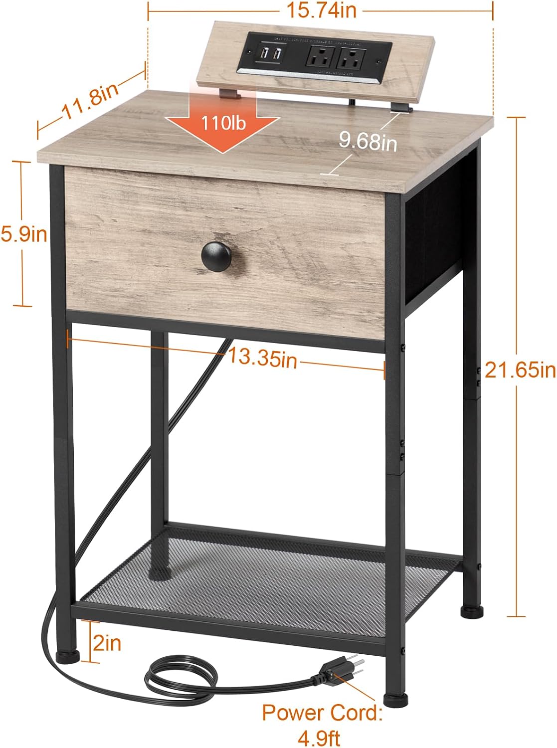 AMHANCIBLE Night Stand, End Tables Living Room Set of 2, Small Nightstand with Charging Station, Slim Bed Side Table with Fabric Storage Drawer for Bedroom, Small Space, Greige, HET03SDPGY