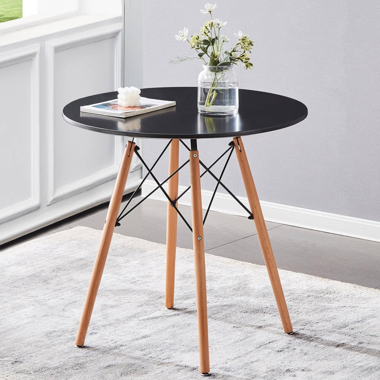 31.5 Inch Small Round Dining Table for 4 People Kitchen Home Modern Leisure Wood Legs Table Black